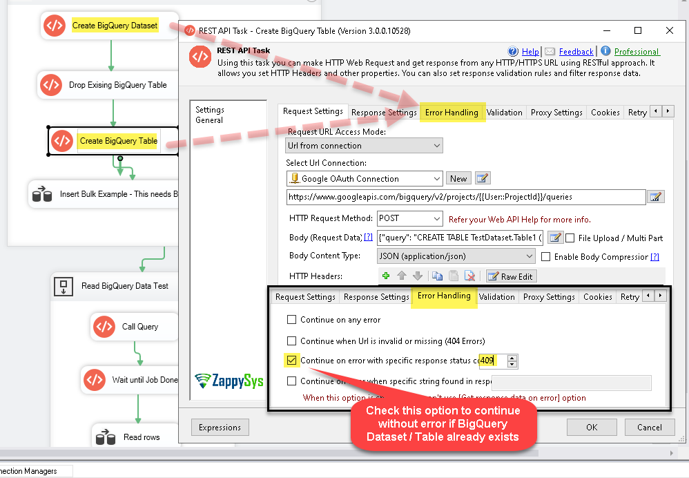 Create Google BigQuery Table - API Call (Continue On Error Setting - Skip CREATE if Table / Dataset Already Exists)