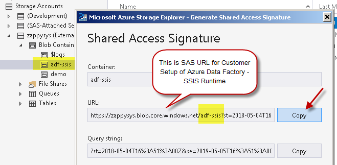 Get container SAS URI for Azure Data Factory SSIS Custom Setup