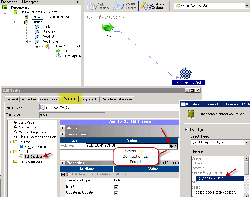 Select SQL Target Connection in Informatica - JSON File / REST API Load to SQL Table