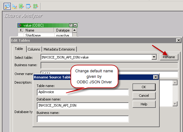 Rename imported table definition in Informatica Source Designer