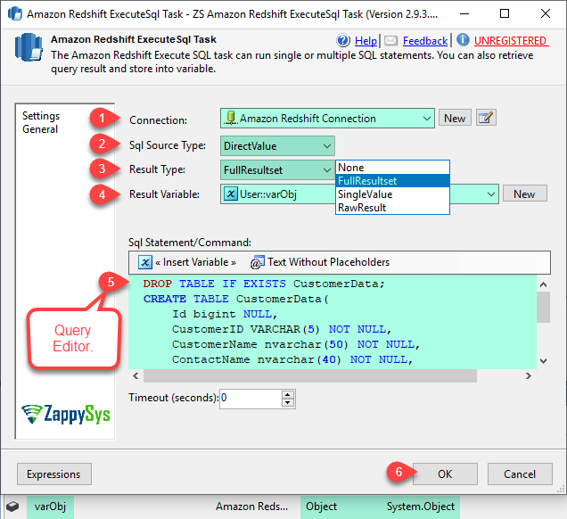 Create Table By SQL Query in Amazon Redshift using Amazon Redshift ExecuteSql Task